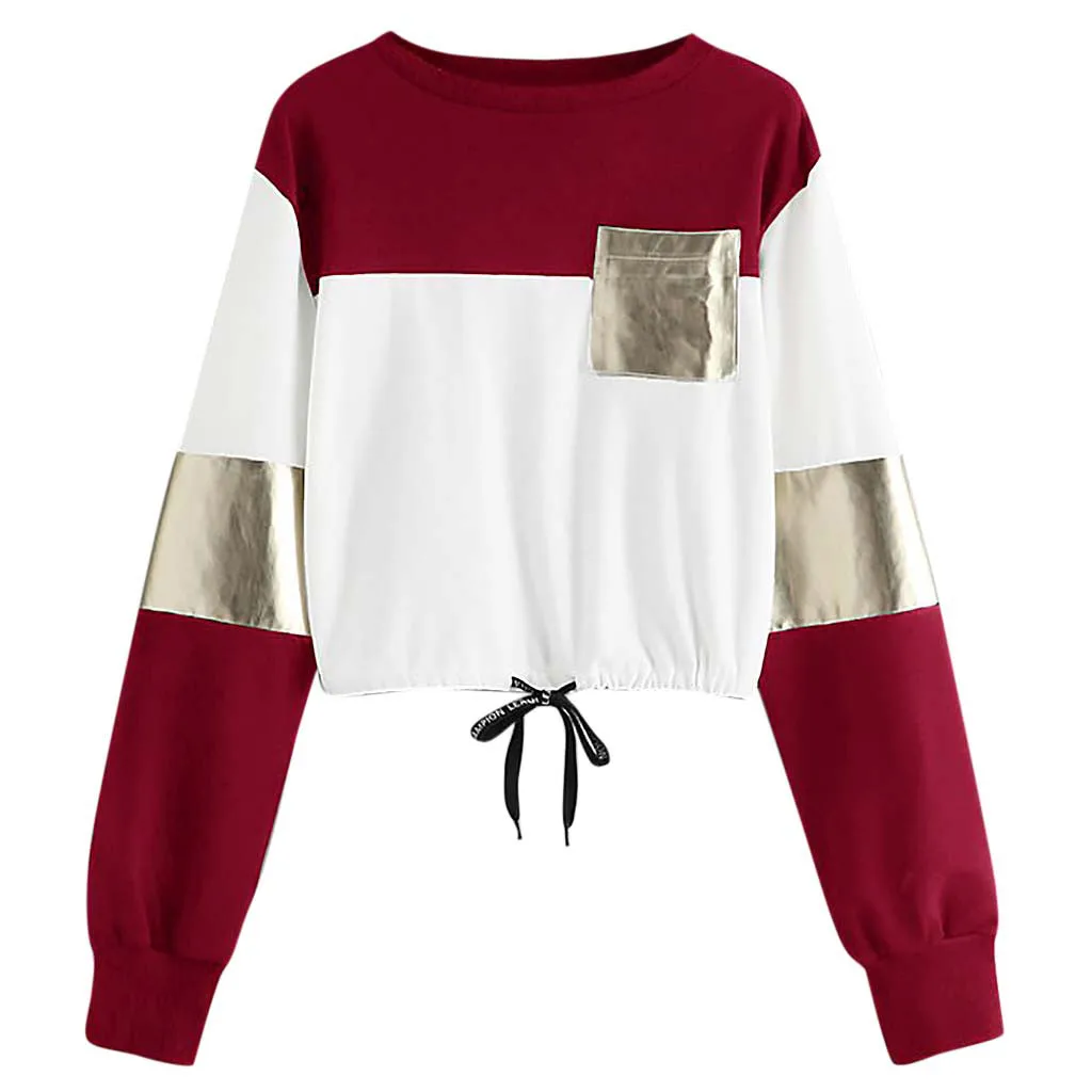 JAYCOSIN Fashion Women Casual O-Neck Sweatshirt Long Sleeve Bandage Patchwork Pocket Unique Elegant Comfortable Soft Chic Blouse