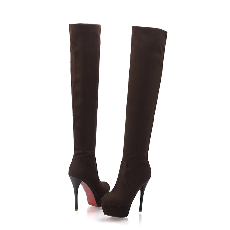 RIBETRINI Sexy Over The Knee Boots Women Flock Round Toe Thin High Heels Platform Boots Sexy Party Club Shoes Woman