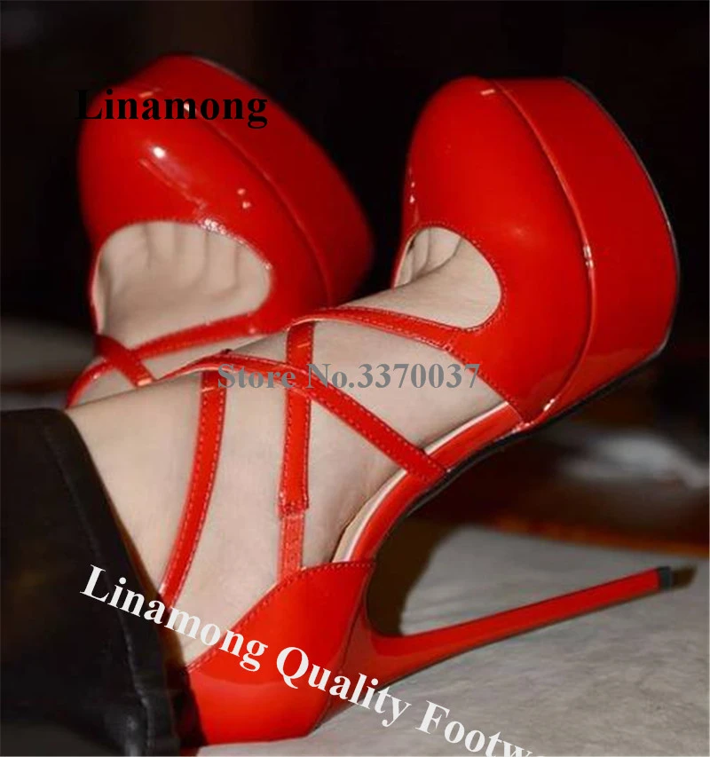 Women Elegant Round Toe Patent Leather High Platform Stiletto Heel