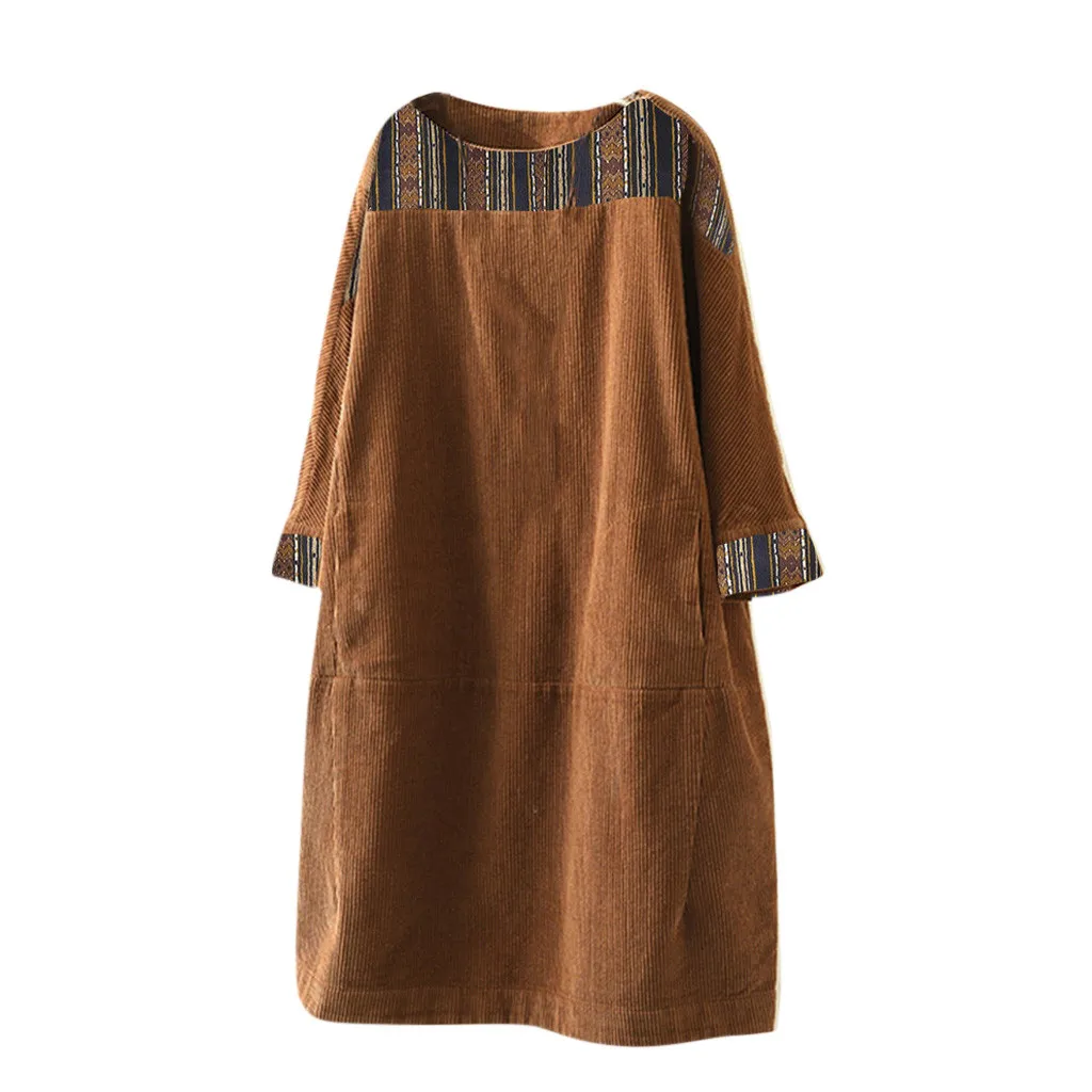 Brown Зимнее женское платье 2019Top, новинка, женское винтажное вельветовое одноцветное платье с карманами и длинным рукавом, свободное Повседневное платье, Vestido De Mujer - Цвет: Brown