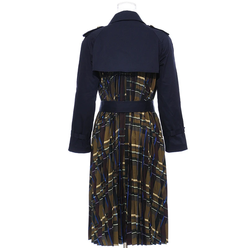 Patchwork Plaid Women's Windbreaker Lapel Collar Long Sleeve High Waist With Sashes Coat Female Autumn Fashion 45