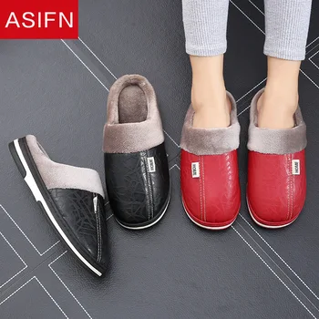 

ASIFN Men Home Winter Slippers Women Memory Foam Non-Slip Indoor House Warm Cotton Shoes Ladies With Fur Pu Leather