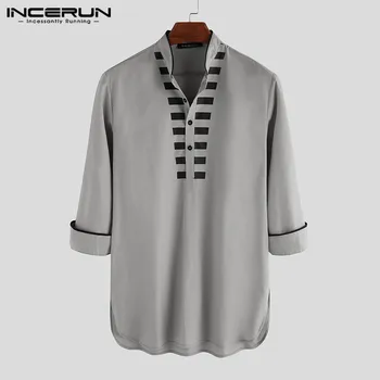 

INCERUN Vintage Men Printed Shirt Stand Collar Retro Long Sleeve Ethnic Style Tops High Quality Mens Shirts Indian Clothes S-5XL