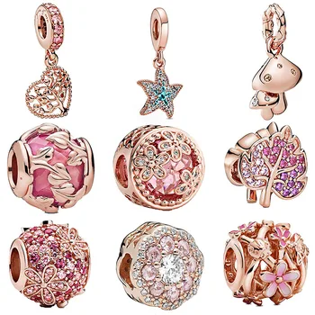 

2020 Rose Gold 925 Sterling Silver charms Sparkling Leaf Flower Dangle Charms fit Original European Bracelets Women DIY Jewelry