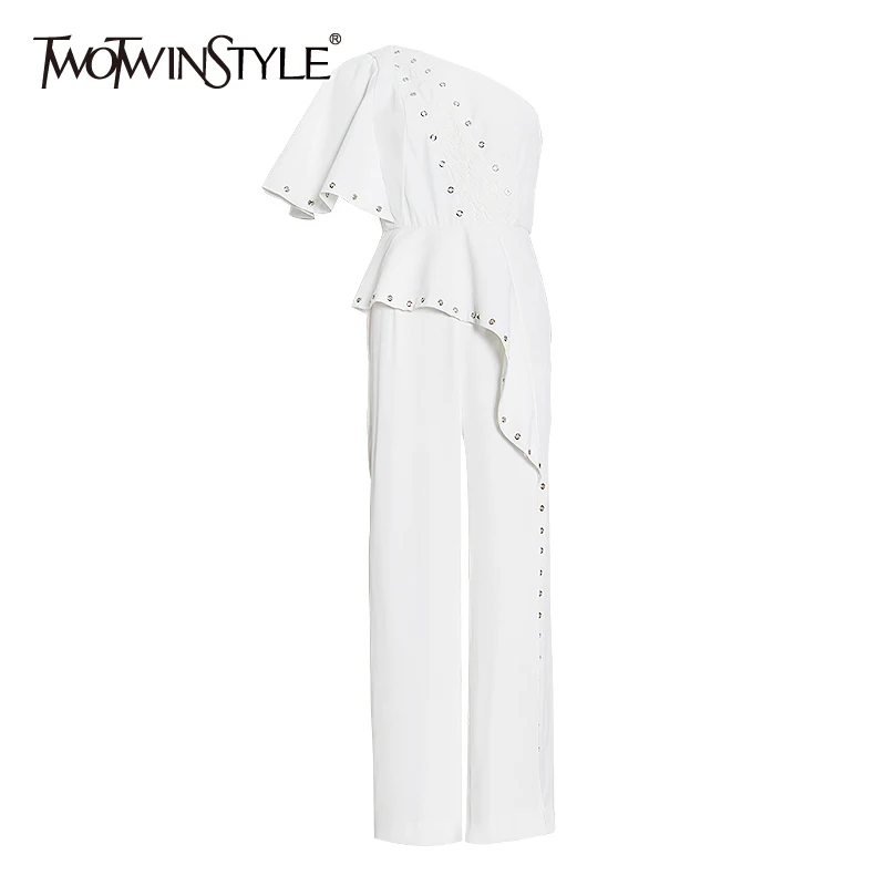 TWOTWINSTYLE Patchwork Ruffle Asymmetrical One Shoulder Jumpsuit For Women High Waist Loose Split Jumpsuits Female 2020 New TWOTWINSTYLE Patchwork Ruffle Asymmetrical One Shoulder Jumpsuit For Women High Waist Loose Split Jumpsuits Female 2020 New