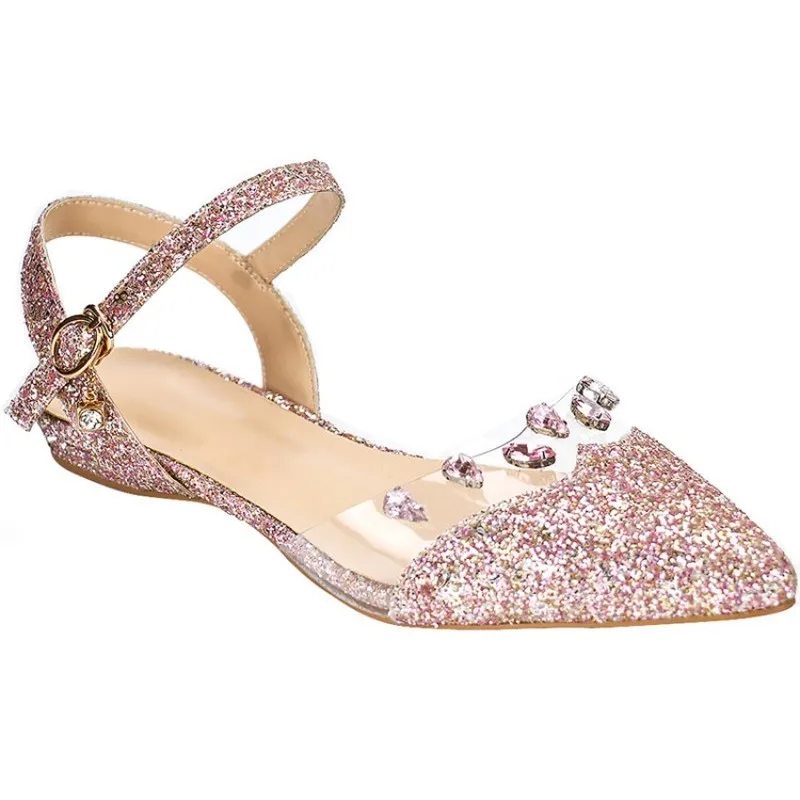 

US4-10 Womens Pointed Toe Sequins Bling Crystal Diamond Slingbacks Flats Sandals Wedding Sweet Rose Gold Shoes Shiny Plus Size