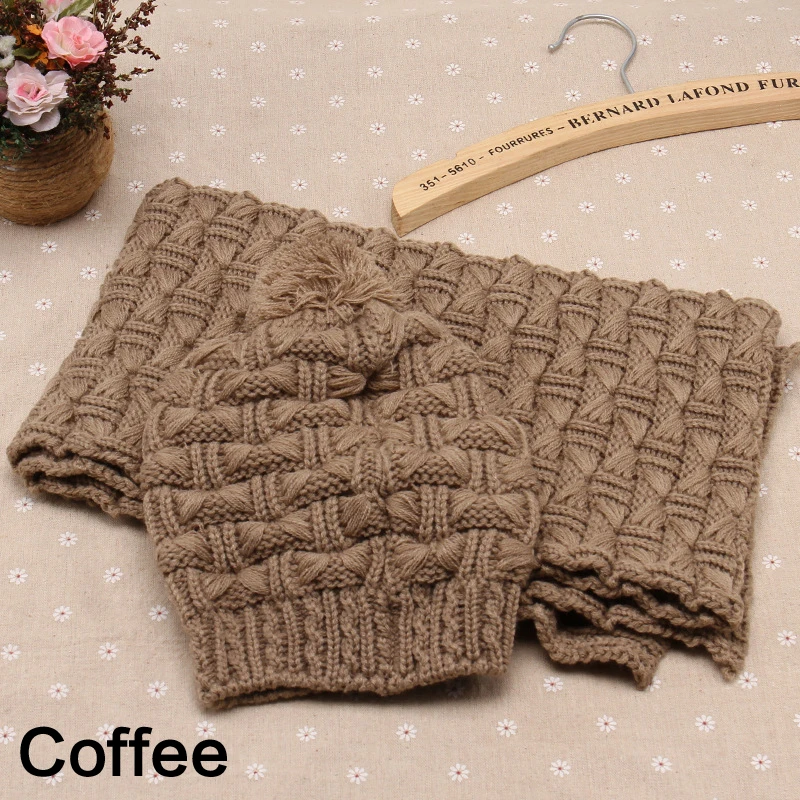 coffee Женская зимняя шапка, шарф, комплект из шерсти, меховая женская шапка шапки с меховым помпоном для женщин, женская шапочка, Толстая Теплая Лыжная шапка, шарф - Цвет: coffee
