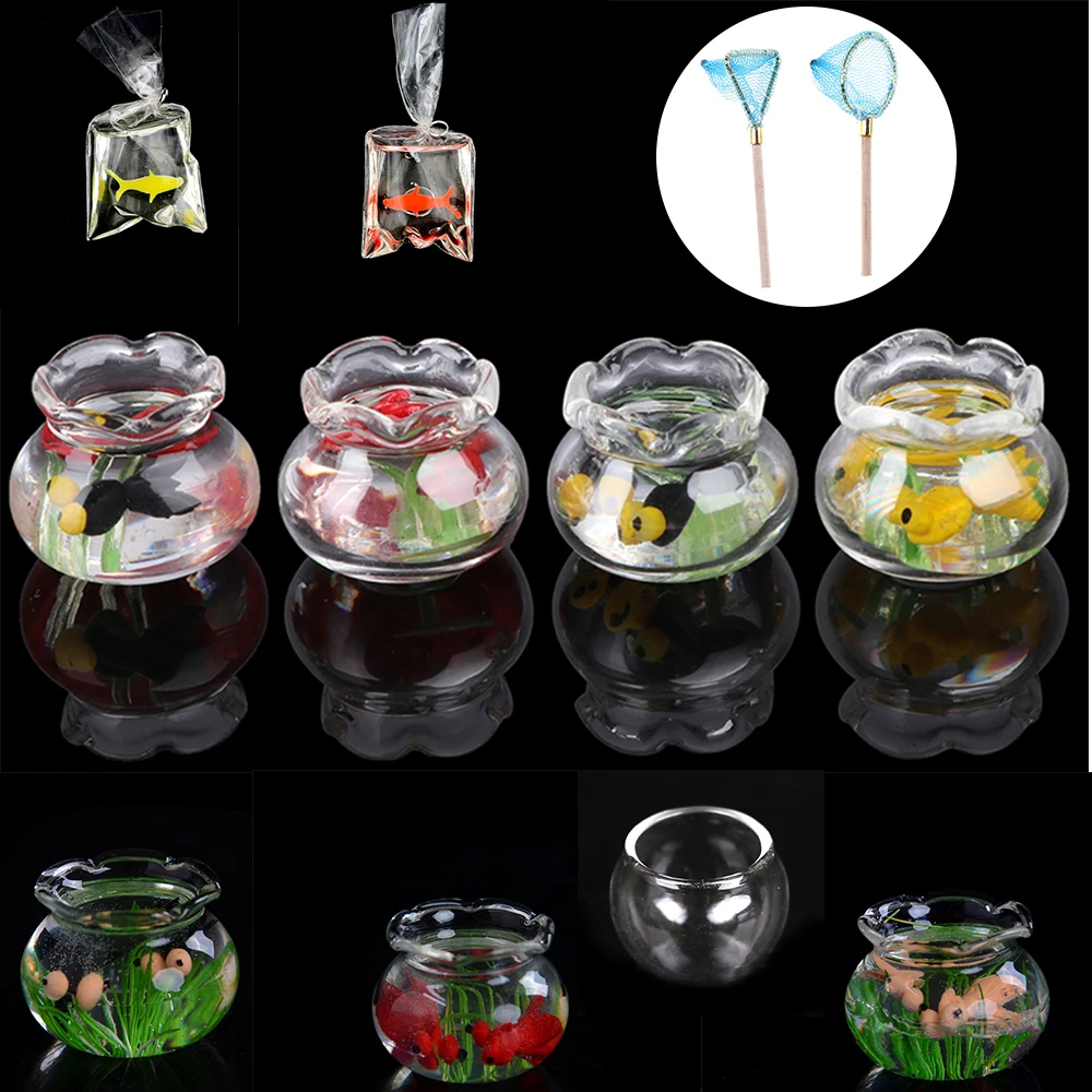 1PCS 1:12 Pet A Glass Bowl For Fish Tank Pole Nets Dollhouse Miniature 1/12 Doll House Decor Accessories