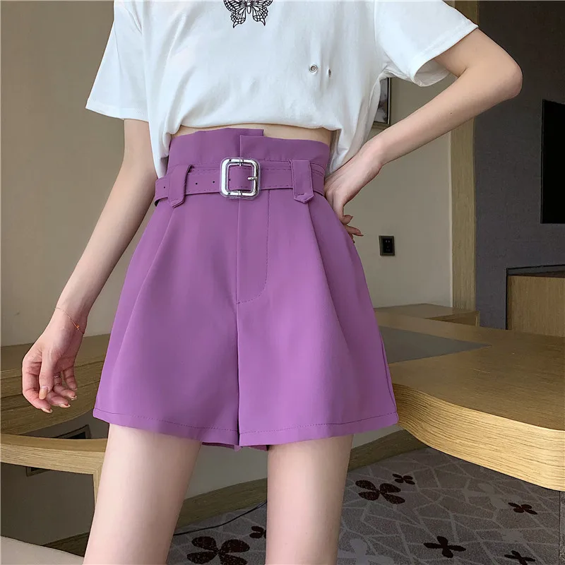 Woman Shorts High Waist Office Lady Suit Short Pants Summer Korean Style Loose Purple With Belt | Женская одежда