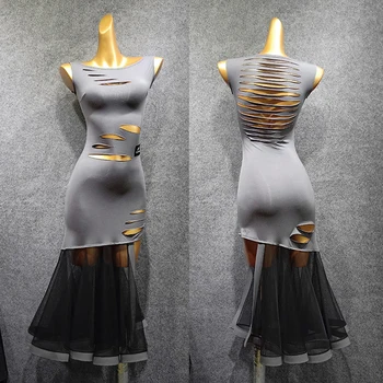 

New Latin Dance Dress Women Gray Irregular Hollow Design Dresses Rumba Tango Salsa Cha Cha Ballroom Practice Wear Ladies DN5536