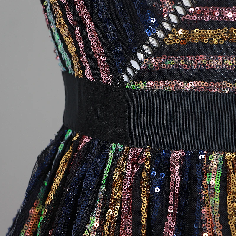 细节 (4).JPG TWOTWINSTYLE Patchwork Sequined Striped Party Dresses For Female V Neck Sleeveless High Waist Cascading Ruffle Womens Dress New