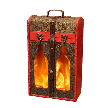 

Retro Wine Packaging Box Chinese Style Wooden Wine Gift Case Hollow Out PU Leather Decorative Container