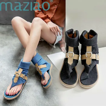 

Women Sandals Bule Denim Jeans Cloth Flats Clip Toe Gladiator Black Beige Student Summer Shoes Cool Casual Flat Sandals MAZIAO