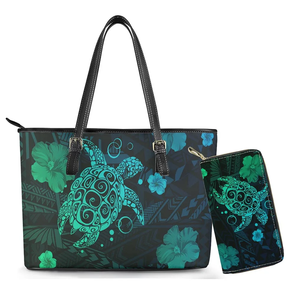 

Cumagical Custom Women Handbag Matching Wallet Purses Women Turtle Design Tribal Polynesian Printed Ladies Shoulder Handbags