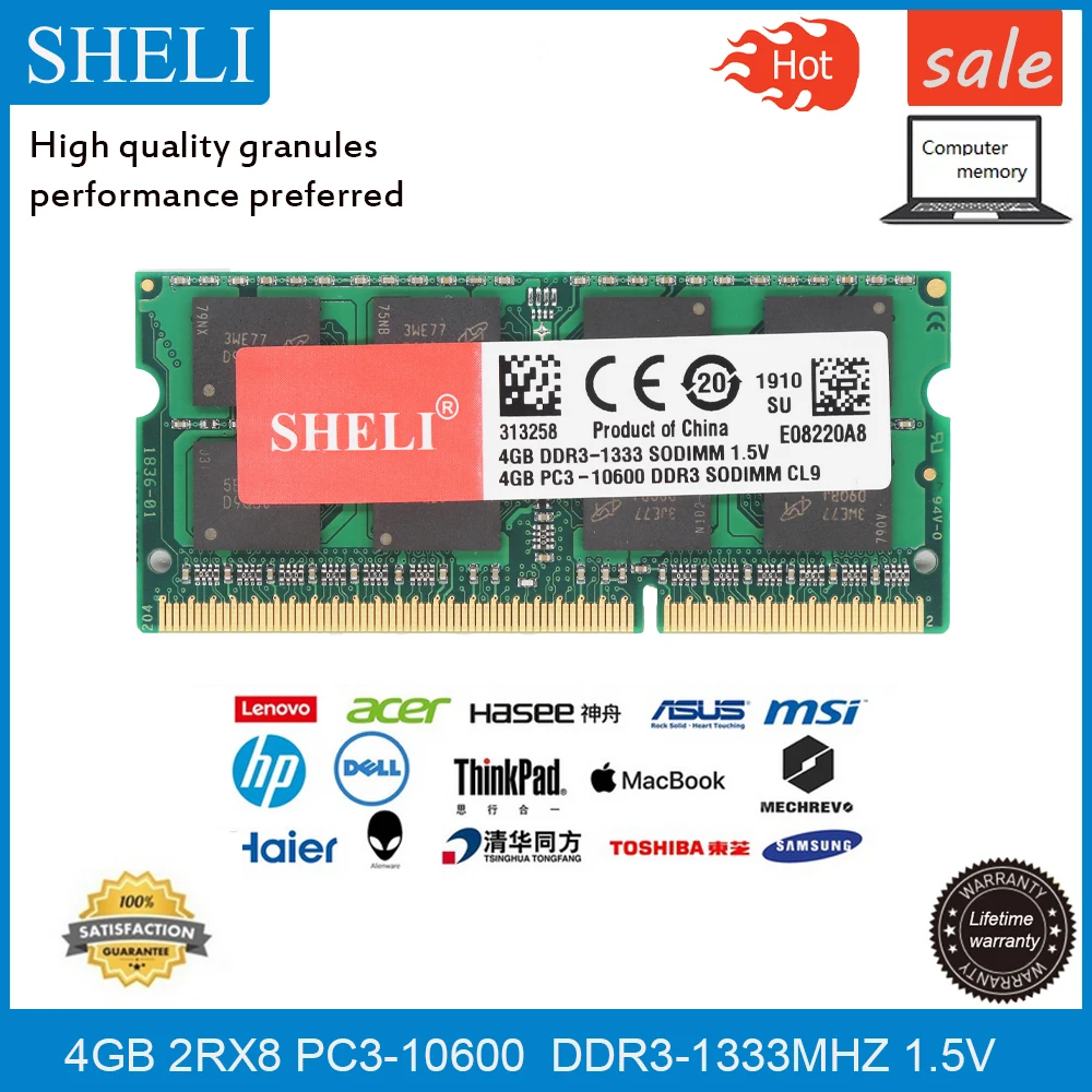 

SHELI 4GB 2RX8 PC3-10600 DDR3 1333Mhz 204pin 1.5V CL11 SODIMM Notebook RAM LAPTOP Memory