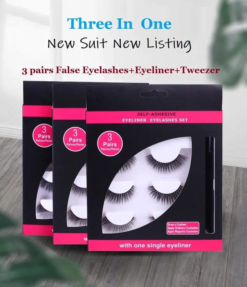 Eyeliner Long Lasting Waterproof Quick-dry Self-adhesive Eyeliner False Eyelashes Handmade Eyelashes 3 in1 Makeup Tools