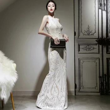 

Women White Sequined Long Party Dress Slim High Waist Tank Sleeve Hollow Summer Elegant Floor Bodycon Maxi Evening Dress TA7771