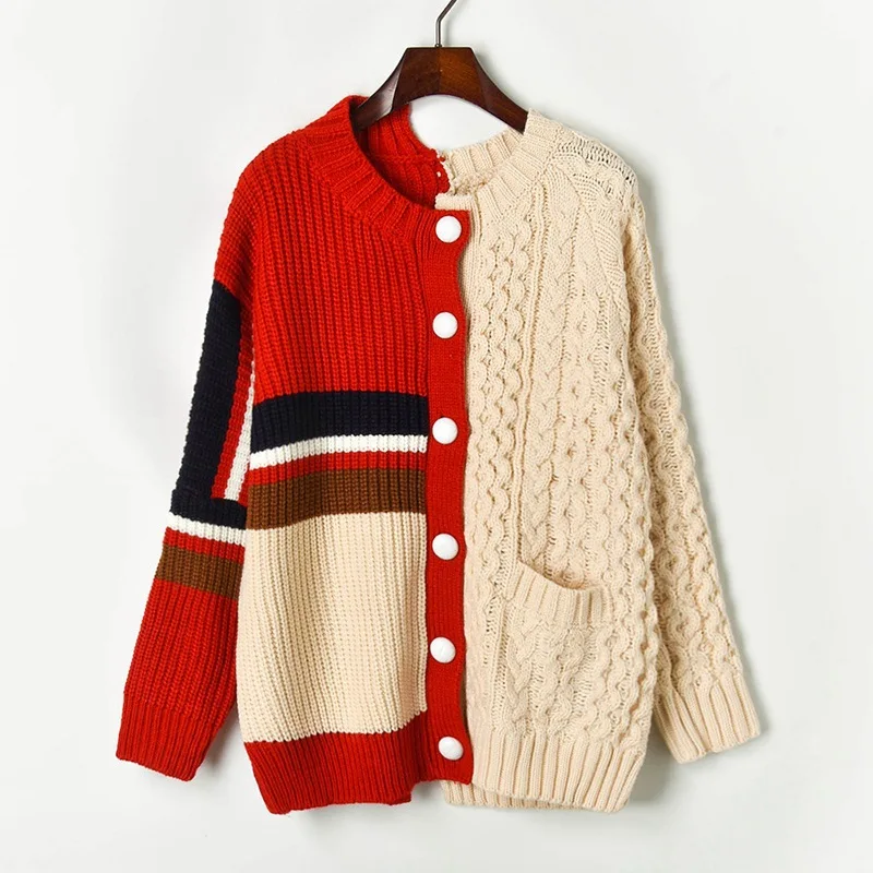 Best Price Runway 2019 Autumn Designer Cardigans Women Irregular Neck Patchwork Color Personality Lady's Streetwear Sweater Thick Outerwear