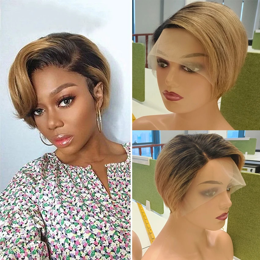 13x4x1 T Lace Front Wig Side Part Pixie Cut Human Hair Wig For Women Short  Black Blonde 1b 27 1b 30 Fashion Color Mogul Hair - Part Lace Wigs -  AliExpress