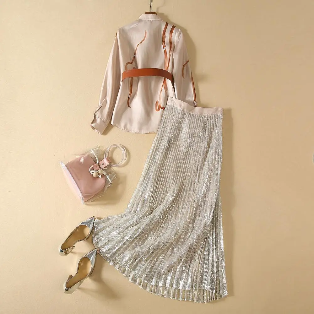 Two Piece Set Autumn Casual Long Skirt Suit Women Turn-down Collar Color Block Print Belt Shirt+Sequined Mesh Skirt Set