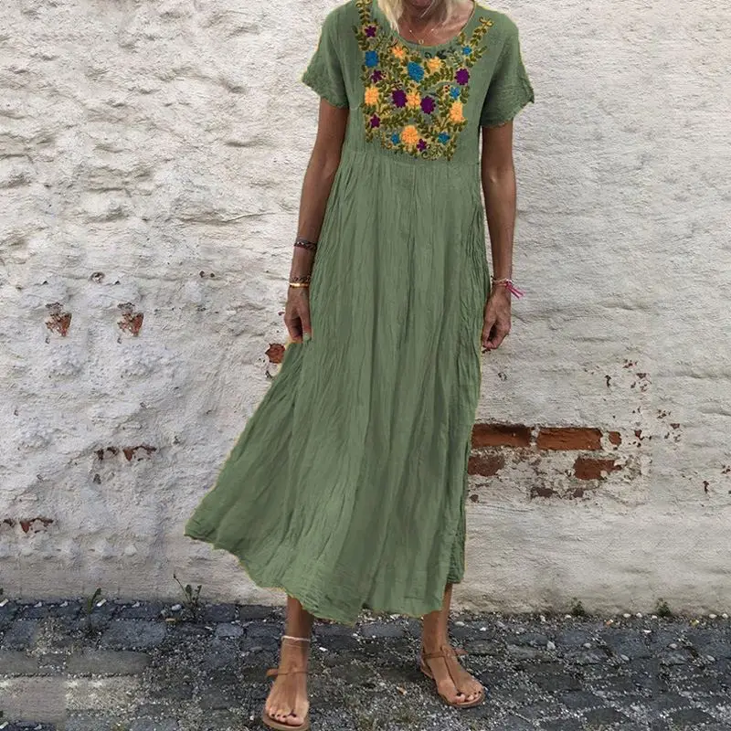 Летний сарафан ZANZEA богемное платье с вышивкой женское повседневное свободное платье миди с коротким рукавом Vestidos длинное платье-рубашка - Цвет: Армейский зеленый