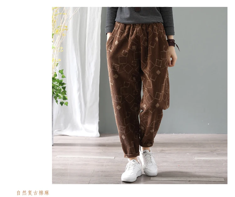 Женские брюки большого размера осень зима напечатанные шаровары вельветовые карманы повседневные штаны свободные брюки YoYiKamomo