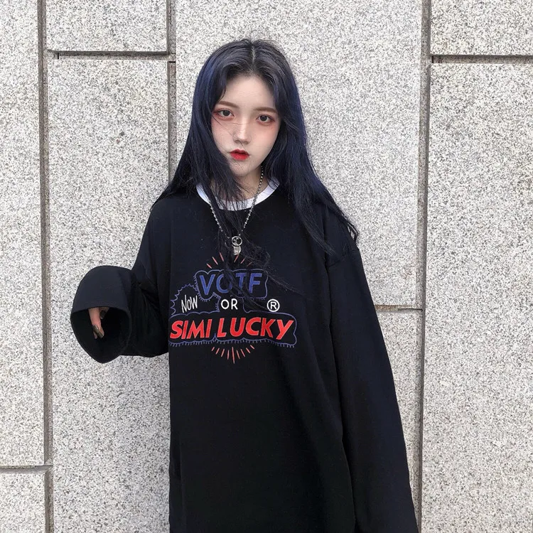 Xian 183 hei Harajuku/женская футболка с длинным рукавом в стиле хип-хоп, Ulzzang, футболки в Корейском стиле с буквенным принтом, осенние модные черно-белые топы для девочек - Цвет: Xian 183 hei