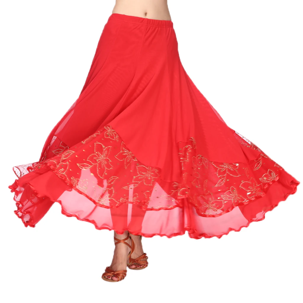 Long Flamenco Modern Dance Skirt Sequined Mesh Skirt Waltz Dress Women's Costume