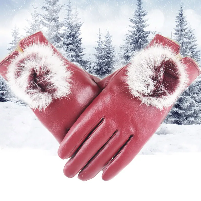 Перчатки женские варежки женские Перчатки из искусственной кожи с сенсорным экраном женские перчатки водонепроницаемые Меховые помпоны толстые теплые весенне-зимние перчатки handschoenen - Цвет: Фуксия