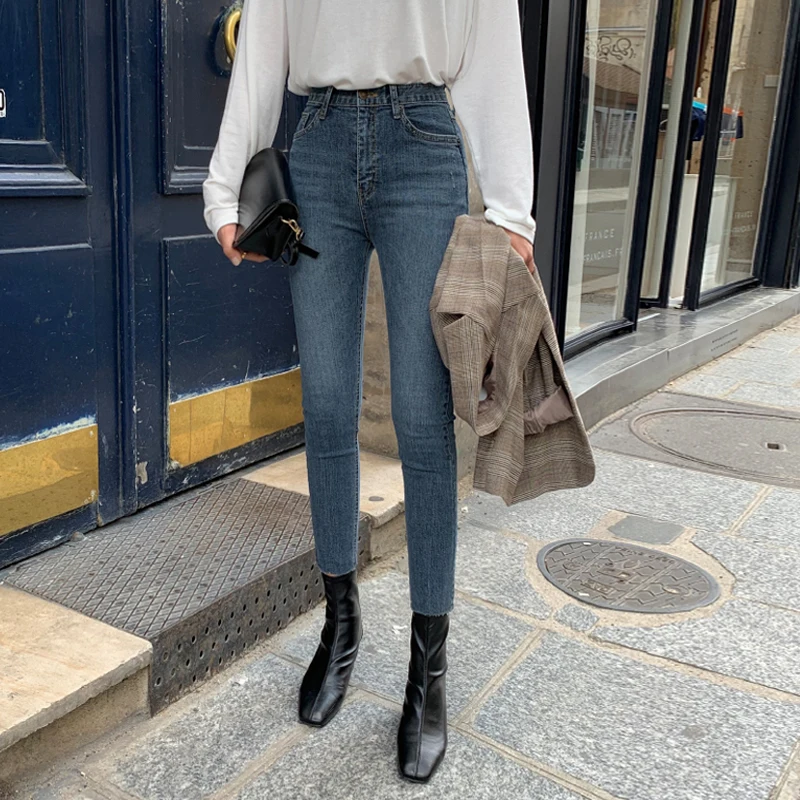 FINEWORDS Winter Korean Style High Waist Skinny Jeans Women Push Up Boot Cut Jeans Slim Stretch Plus Size Pencil Denim Pants