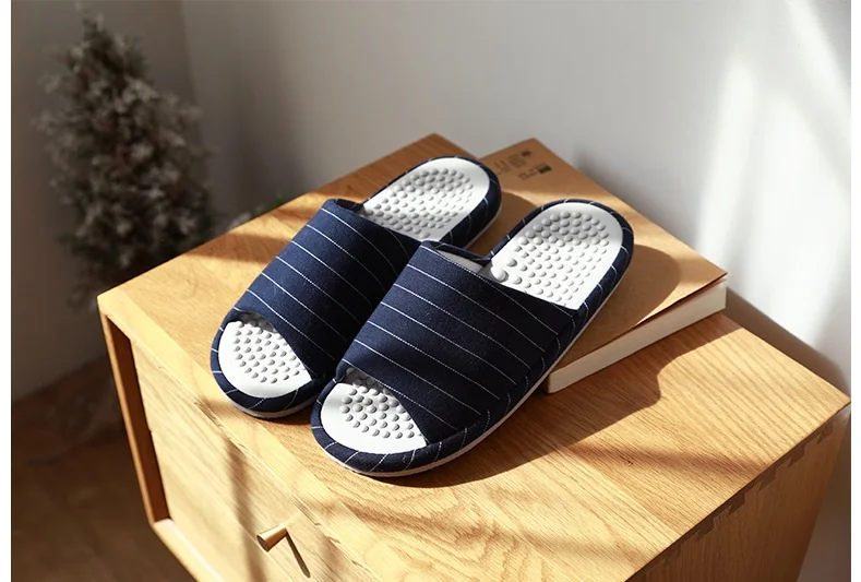 Xioami New men woman spring autumn classic striped home soft massage midsole open cotton slippers Keep warm flip flop