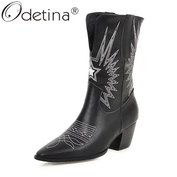 

Odetina Fashion Women Chunky High Heel Cowboy Tabs Boots Pull On Pointed Toe Autumn Winter Shoes Western Cowgirl Mid Calf Boots