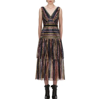 

European Design Sexy V-neck Color Match Striped Empire Sleeveless Dress Summer Sequins Shiny Runway Slim Dresses Jurken 2020