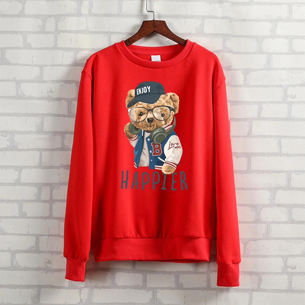 

BLINGPAW Teddy Bear Happier Printed Unisex Crewneck Sweatshirt Heavy Blend Crew Neck Loose Long Sleeve Autumn Clothes