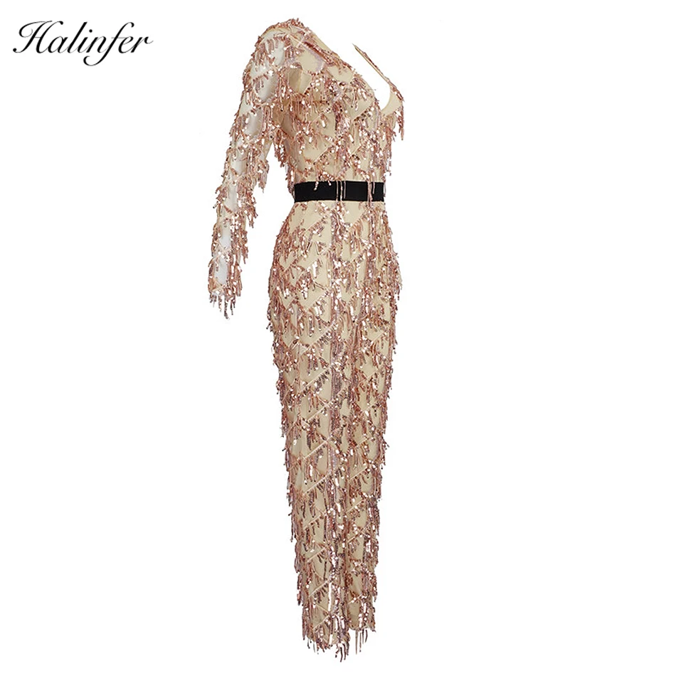 Halinfer новые летние женские комбинезоны для женщин Сексуальная bodycon блестками утягивающий комбинезон; элегантные туфли в стиле знаменитостей; вечерние бежевый комбинезон vestidos