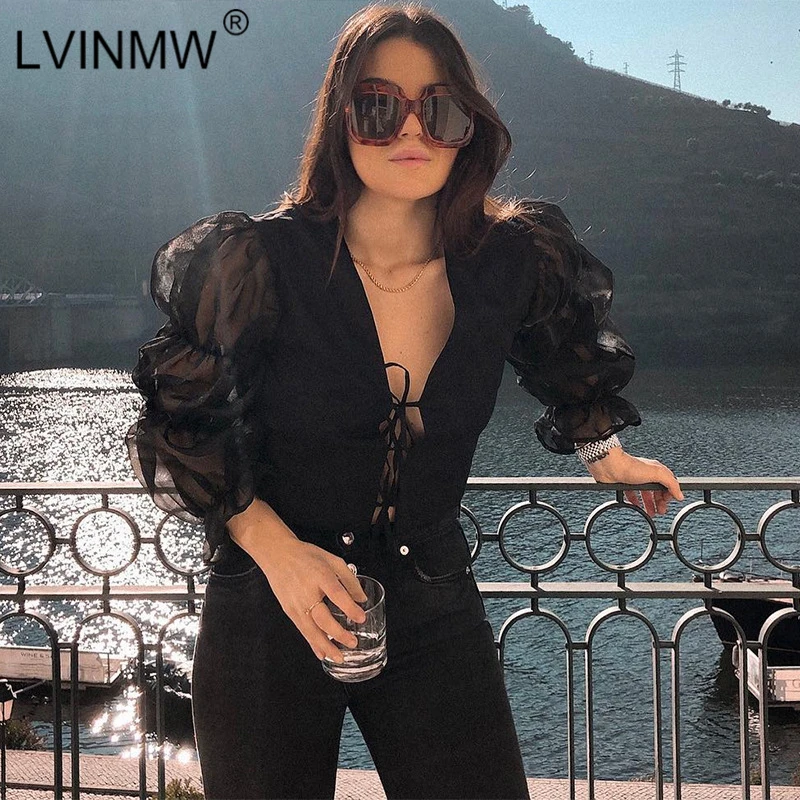 LVINMW черная пышная Сетчатая футболка с длинным рукавом, сексуальная открытая кружевная облегающая футболка с бантом и v-образным вырезом, весенние женские вечерние топы, уличная одежда