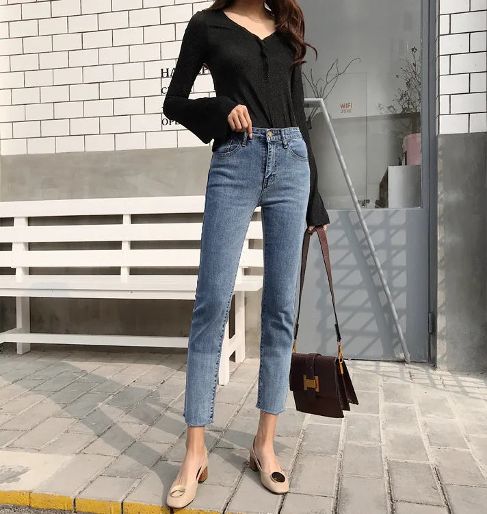 Лето, Ulzzang Wind, обтягивающие, вареные брюки, градиентные, цветные, ковбойские, длиной до щиколотки, штаны с высокой талией, тянущиеся, рваные, с краями, Penc