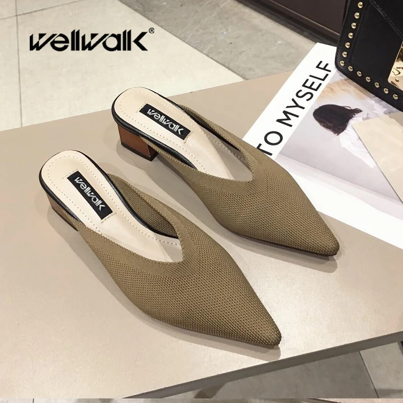 

Wellwalk Women Mules Shoes Block Heels 3CM Solid Color Flyknit Textile Pointed Toe Ladies Dress Slippers Home Female Pumps