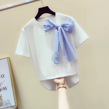 

2020 Summer Korean Version of the Loose T-shirt Lace Bow Short Sleeved with round Neck All-Cotton T-shirt Female