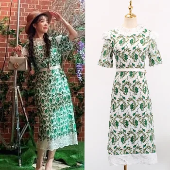 

Flower Green dress with belt for women DEL LUNA Hotel same IU платье летнее Korean summer Gifts Birthday Christmas Clothes wear