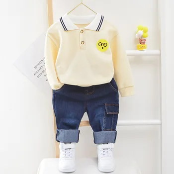 

Baby Jeans Long Sleeve T-Shirt Two-Piece Baby Boy Clothes Cotton Lapel Cartoon Smiley Print Baby Clothing Leisure Sports Set