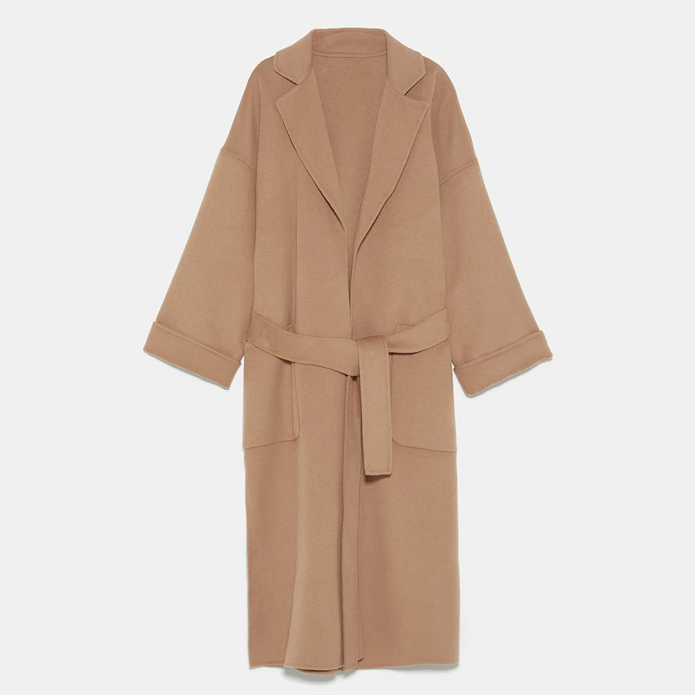 ZA зимнее женское нейлоновое пальто, три однотонных цвета, повседневные модели, драповое пальто с длинными рукавами и ремнями, приталенное шерстяное пальто ручной работы - Цвет: Khaki