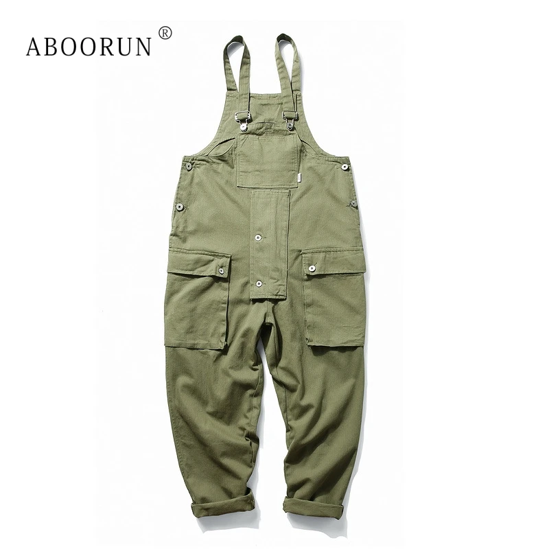 

ABOORUN Men's Harajuku Bib Overalls Big Pockets Casual Rompers Jumpsuits Black Army Suspender Flared Straight fit Pants for Male
