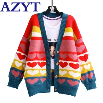 

AZYT 2020 New Knit Oversize Women's Sweater Cardigan Autumn Winter Sweet Love Heart Sweater Coat Loose V Neck Female Cardigan