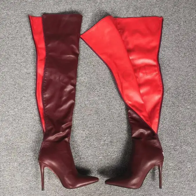 LGZ854 Burgundy LAIGZEM/ г. Женские высокие сапоги до бедра высокие сапоги из искусственной кожи с острым носком на молнии сзади на шпильках Botas Mujer, большие размеры 45, 46, 47 - Цвет: LGZ854 Burgundy