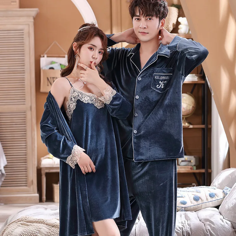 

High Quality Women Robe Sets Men Top Trousers Pajama Suit Gold Velvet Couple Pyjamas Wedding Morning Gown Home Service