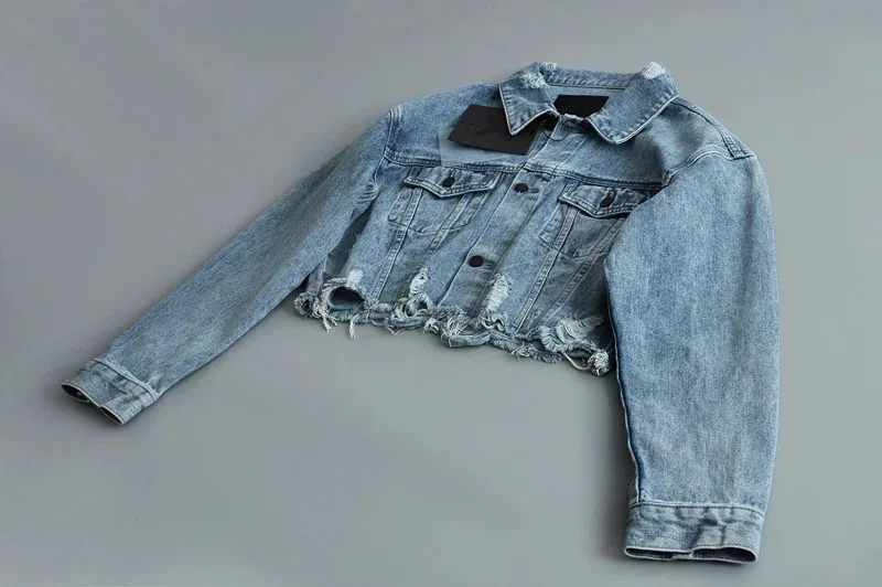 

AliExpress New Style WOMEN'S Long Sleeve Short with Holes Tops Jacket Europe And America Fashion Burrs Jeans Coat Clothing
