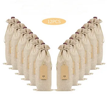 

Linen Wine Bottle Bag with Dustproof Beam Mouth Tag Burlap Red Wine Packaging Bag Tags Stretchable Sackcloth Pockets Set of 12