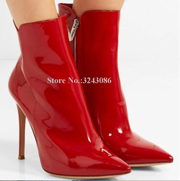 Almachtig krekel Zeeanemoon Nieuwe Rode Kleur Lakleer Enkellaars Dame Sexy Puntschoen Fashion Stiletto  Hakken Korte Laarzen Vrouwen Grote Maat Bruiloft schoenen|Enkellaars| -  AliExpress