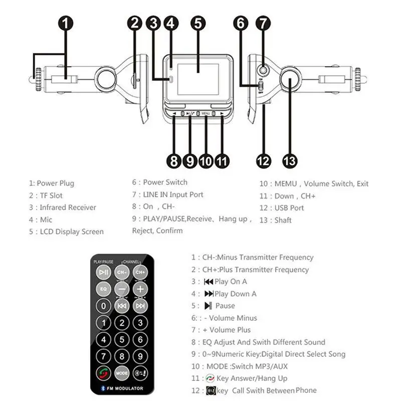 Dragonpad Bluetooth Автомобильный mp3 плеер FM12B беспроводной fm-передатчик ЖК-экран Автомобильный комплект с USB зарядным устройством Поддержка TF карты линейный вход AUX